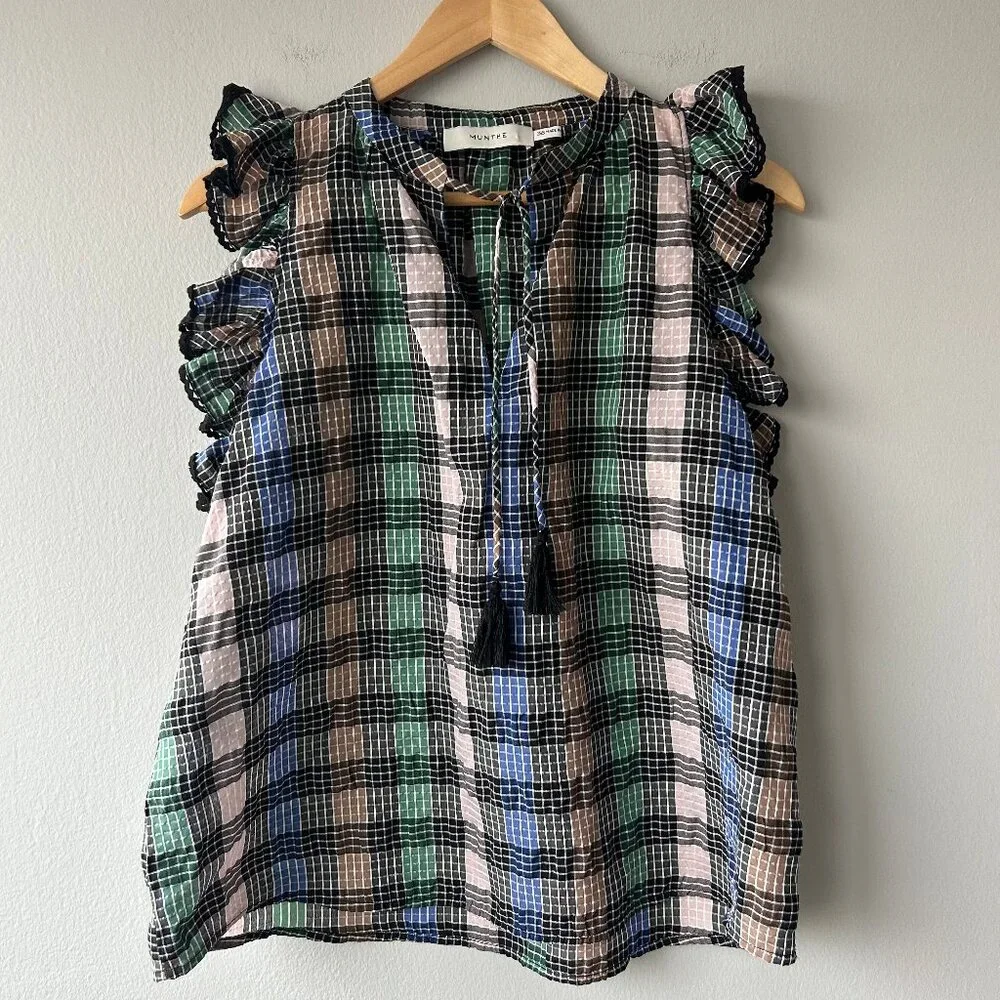 Munthe Ruffled Plaid Sleeveless Blouse Tassel Tie Womens Size 38 (M) - Picture 2 of 8